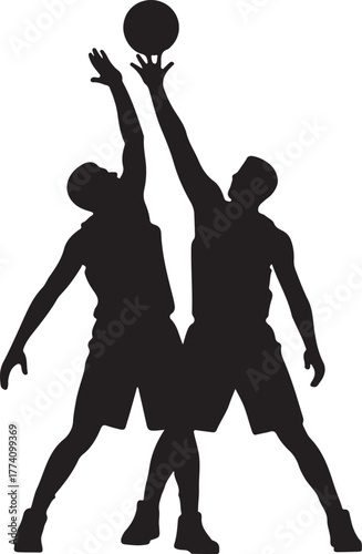 Two basketball players reaching for the ball silhouette