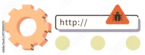 Gear icon beside browser address bar with malware bug warning symbol. Ideal for cybersecurity, technology risk, data protection, online safety, malware detection, software flaws, simple flat metaphor