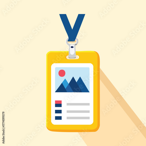 Yellow identification card with a placeholder image hanging from a blue lanyard in a flat vector style.