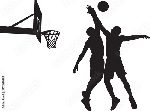 Two basketball players jumping for ball near hoop sport