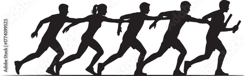Black silhouette of five runners in a relay race running