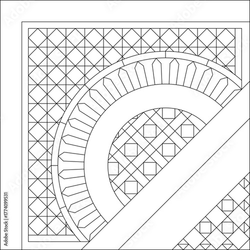 Minimalist line art of ornate geometric ceiling or floor corner pattern — ideal for architectural visualization, interior design, or decorative graphic projects.