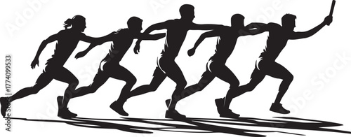 Five runners in silhouette passing a baton running