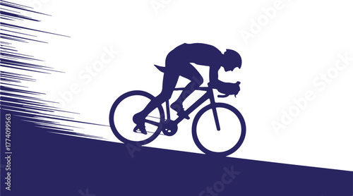 Dark blue cyclist silhouette in motion against white background