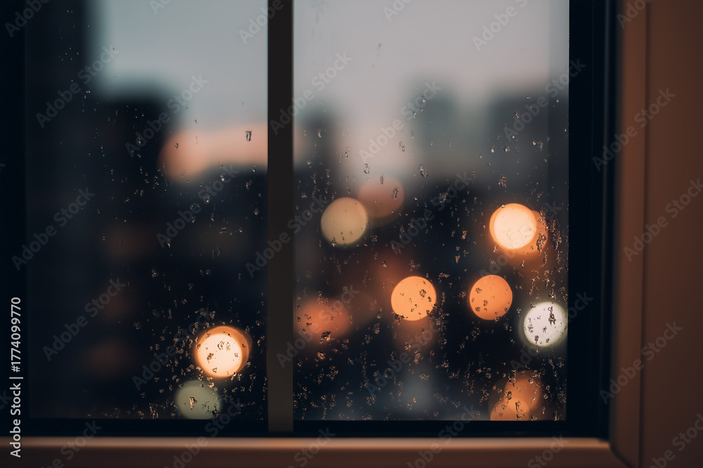 Fototapeta premium Window condensation with soft bokeh city lights beyond, cool evening tones, minimalist winter mood, empty space for overlays