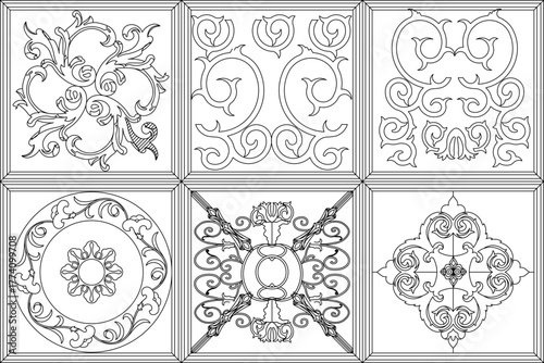 Minimalist line art of ornate decorative ceiling or wall panel designs — ideal for interior design, architectural visualization, or luxury graphic projects.