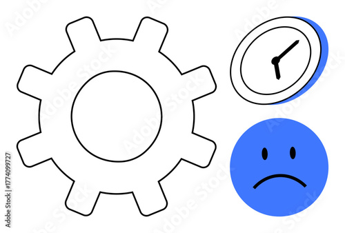 Gear beside a clock and a sad face conveys struggles with productivity, time efficiency, and emotional impact. Ideal for work stress, burnout, prioritization, deadlines, efficiency, emotions