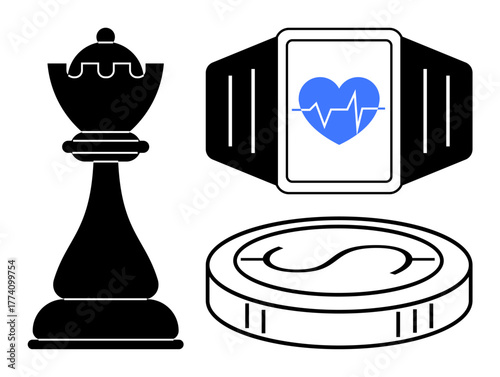Black chesspiece, fitness smartwatch with heart icon, and dollar coin. Ideal for strategy, health tracking, mindfulness, financial planning, decision-making balance and minimalism. Clean flat
