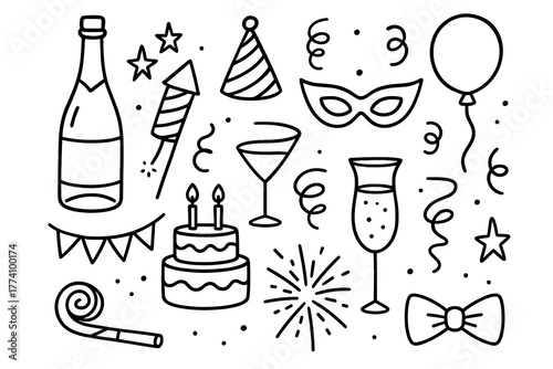 Celebration icons including party hats, balloons, and cake design  