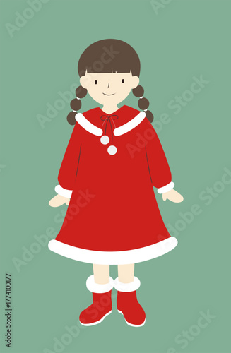 サンタ風の赤いワンピースを着たおさげ髪の女の子のイラスト素材