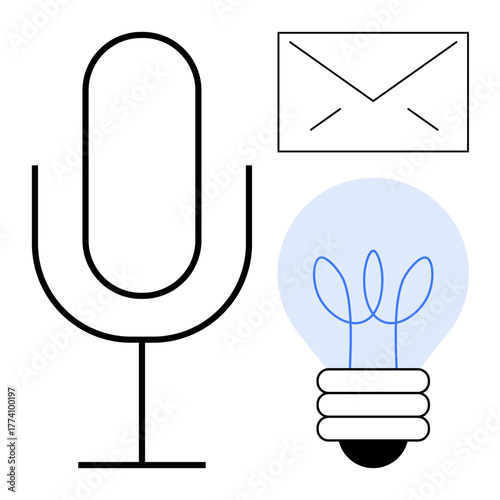 Microphone, envelope, and glowing light bulb symbolizing voice recording, messaging, innovation, and idea generation. Ideal for creativity, communication, podcasting email brainstorming media