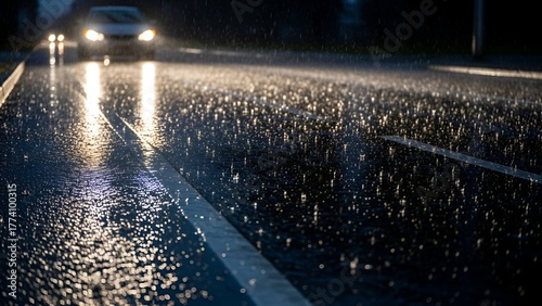 Wet asphalt road reflects headlights from a car, showing rain drops