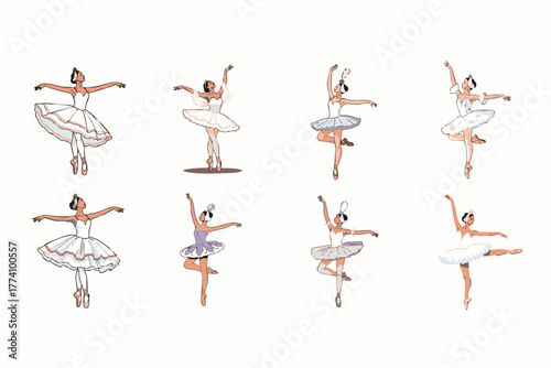 Graceful ballet dancers in various poses, showcasing elegance, skill, and the beauty of classical dance against a clean white background.