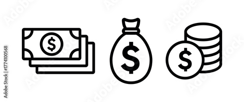 Money icon set with cash stack, coin pile, and dollar bag in bold black outline