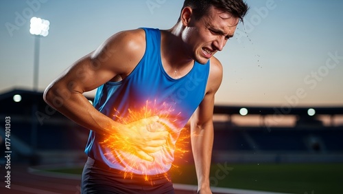 Close-up of athlete clutching abdomen, highlighting pain with bright energy effect on track