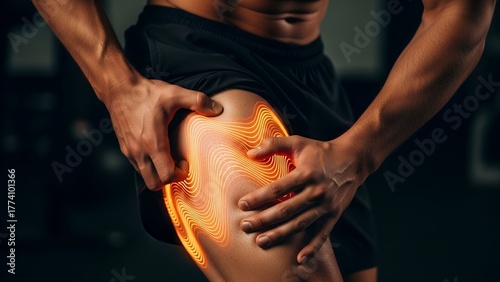 A person grasping thigh, highlighting pain with an orange wave effect. Dark background