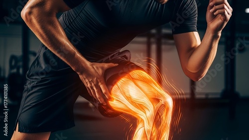 Athlete holding knee in pain, highlighting muscle structure. Studio background. Focus on injury