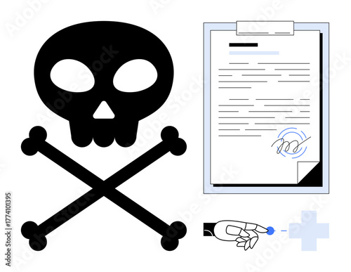 Skull and crossbones beside legal document signing scene with digital interaction. Ideal for fraud, danger, cybersecurity, digital contract, legal risks, warning, error. Simple flat metaphor