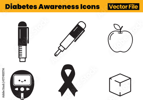 Bold Diabetes Awareness Icons Including Dual Insulin Pens, Apple, Smiling Glucose Meter, Ribbon and Sugar Cube for Treatment Focus Themes