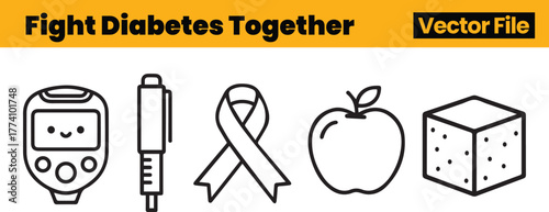Unified Diabetes Icons Showing Smiling Glucose Meter, Insulin Pen, Ribbon, Apple and Sugar Cube to Promote Community and Healthy Support