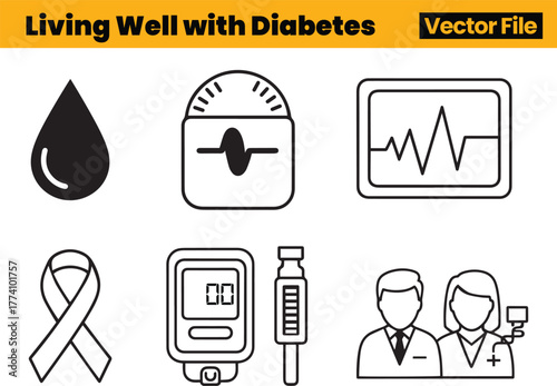 Living Well Diabetes Icon Collection Featuring Blood Drop, Scale, ECG Line, Ribbon, Glucose Meter, Syringe and Professional Support Symbols