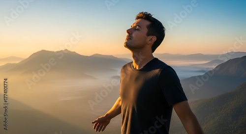 Man with eyes closed, arms outstretched, breathes fresh air on a mountain at sunrise