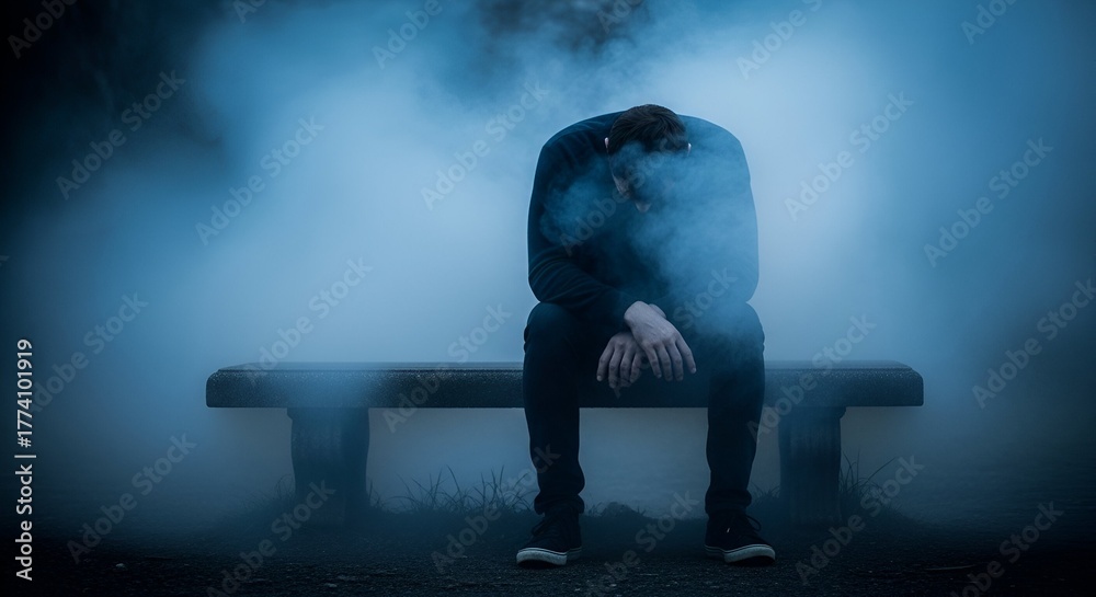 Fototapeta premium A lone figure sits on a bench, head bowed in swirling vapor, enveloped in a somber, mysterious atmosphere