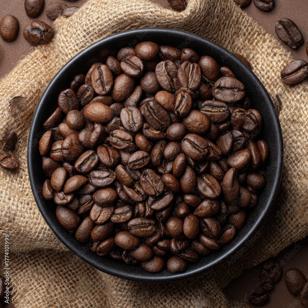 Fototapeta premium a bowl of coffee beans on the table, top view, dark brown background with burlap cloth, coffee beans scattered around the scene, product photography, high resolution, professional photograph,
