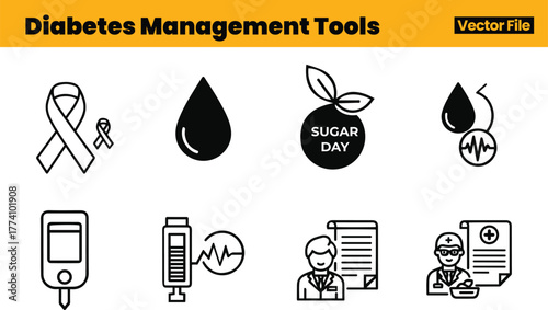 Diabetes Support Icons Including Healthcare Provider, Glucose Meter, Awareness Ribbon, Blood Monitoring Tools and Sugar Intake Indicators
