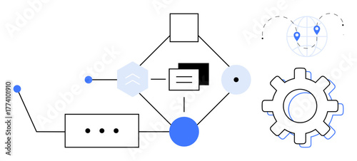Geared diagram with connecting lines, nodes, globe with location pins, and process symbols. Ideal for data flow, workflow management, networking, automation, global operations software processes