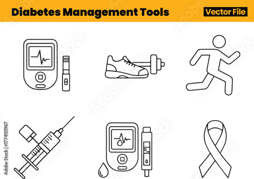 Diabetes Management Icons Displaying Exercise Symbol, Glucose Meter, Syringe and Awareness Ribbon Promoting Active Lifestyle and Health Support