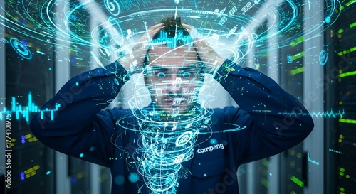 Man in data center overwhelmed by swirling digital data