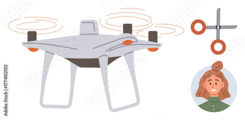 quadcopter flying with active propellers, scissors indicating trimming or creativity, and a smiling woman. Ideal for technology, creativity, innovation, design, aerial photography, modern gadgets
