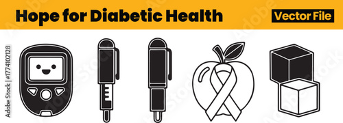 Hopeful Diabetes Health Icons Including Smiling Glucose Meter, Sweet Fruit, Lancet Devices and Sugar Cubes Promoting Positive Medical Outlook