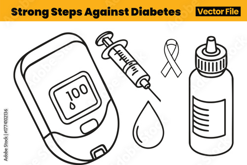 Strong Diabetes Action Icons Featuring Glucose Meter, Syringe, Awareness Ribbon, Medicine Bottle and Blood Drop Supporting Proactive Care