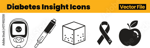 Diabetes Insight Icons Representing Glucose Meter, Insulin Pen, Sugar Cube, Apple and Awareness Ribbon Focused on Monitoring and Lifestyle Wellness