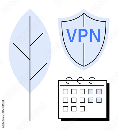 Shield marked VPN, minimalist tree branch, and calendar grid. Ideal for sustainability, security, privacy, planning, green technology data protection eco-consciousness. Simple flat metaphor