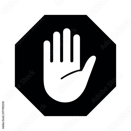 Black octagonal hand icon for stop, caution, and restricted access signage