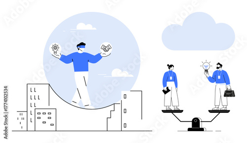 Person balancing gear and handshake, two individuals on a scale with light bulb idea. Ideal for teamwork, innovation, balance, decision-making, equality, project management leadership. Simple flat