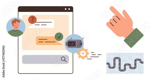 Chat window with AI bot resolving queries, user interaction, highlighted automated response, hand gesture, technology gear, and a route icon. Ideal for AI, chatbot, communication tech support