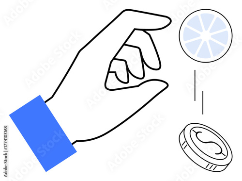 Outlined hand flips a coin and sliced circle in mid-air. Ideal for finance, choice, decision-making, risk, gambling, chance, economy themes. Clean and simple flat metaphor