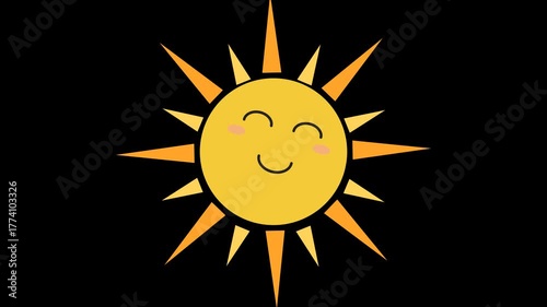 2D animated cartoon of a cute sun icon with a smile isolated on a black screen with chroma key. 4K resolution.	