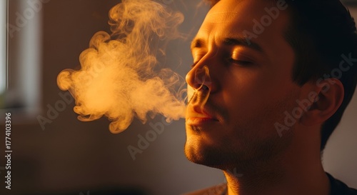 A man exhales a cloud of vapor illuminated with a warm orange light