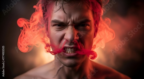 A person with an angry expression has smoke emitting from their mouth and head