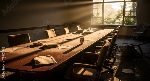 A sunlit, abandoned boardroom with an overgrown window and disarrayed table