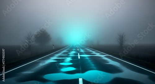 Long asphalt road disappearing into dense, misty fog with ethereal green light at the end