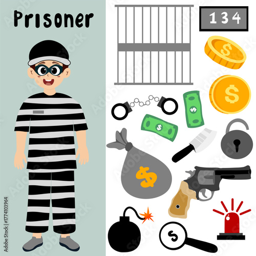 Prison element set. Bed, prisoner, window, prison bars, prison cell, gun, handcuffs, and security camera.