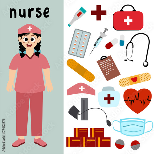 Medical equipment and nurse elements design set isolated on a white background. Cartoon nurse with hospital elements such as injections, stethoscopes, and medicines.