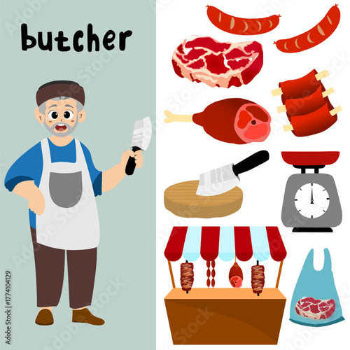 Butcher of various element set. Set of various butchery element. Flat color icons set of meat products meat.