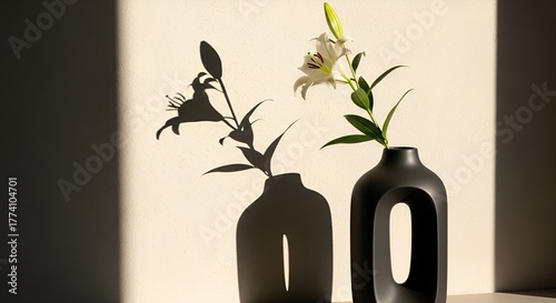 Still life of two vases, each with a lily. Strong shadows create an interesting composition